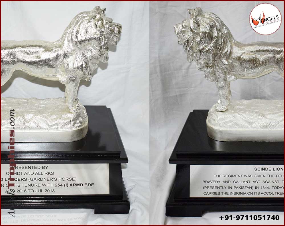 Army silver metal lion trophy with wooden base